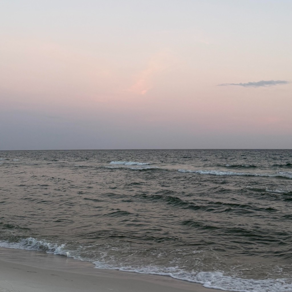 30A beach at dusk with gentle waves and a soft pink sky